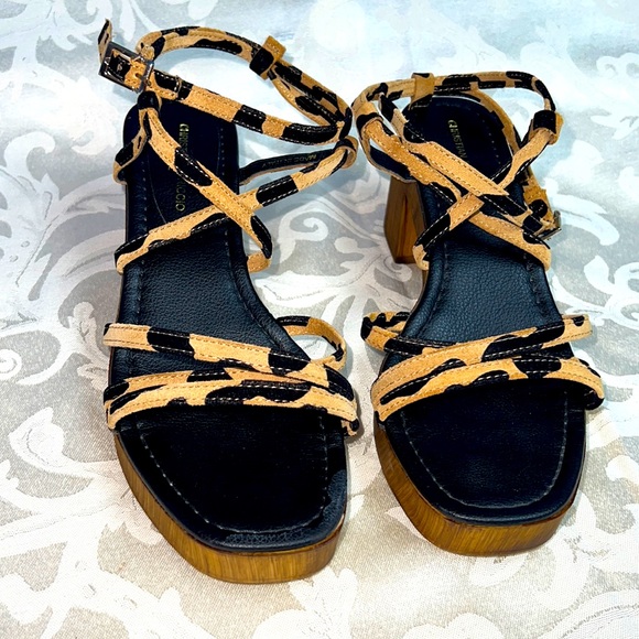 Christian Di Riccio Leopard Cheetah Strappy Platform Heeled Sandals Clog - Picture 1 of 15